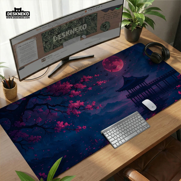 Dark Sakura Cherry Blossom Desk Mat - Deskneko