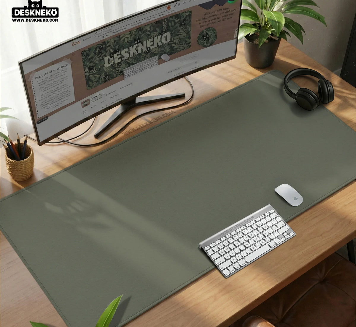 Eucalyptus Sage Desk Mat, Minimalist Extended Mousepad, Waterproof - Deskneko