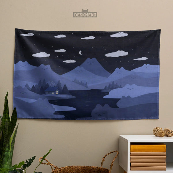 Navy Cat Hills Wall Tapestry Cozy Night Landscape - Deskneko