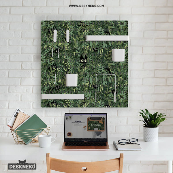 Botanical Cat Desk Pegboard Organizer, Forest Green Workspace Storage - Deskneko