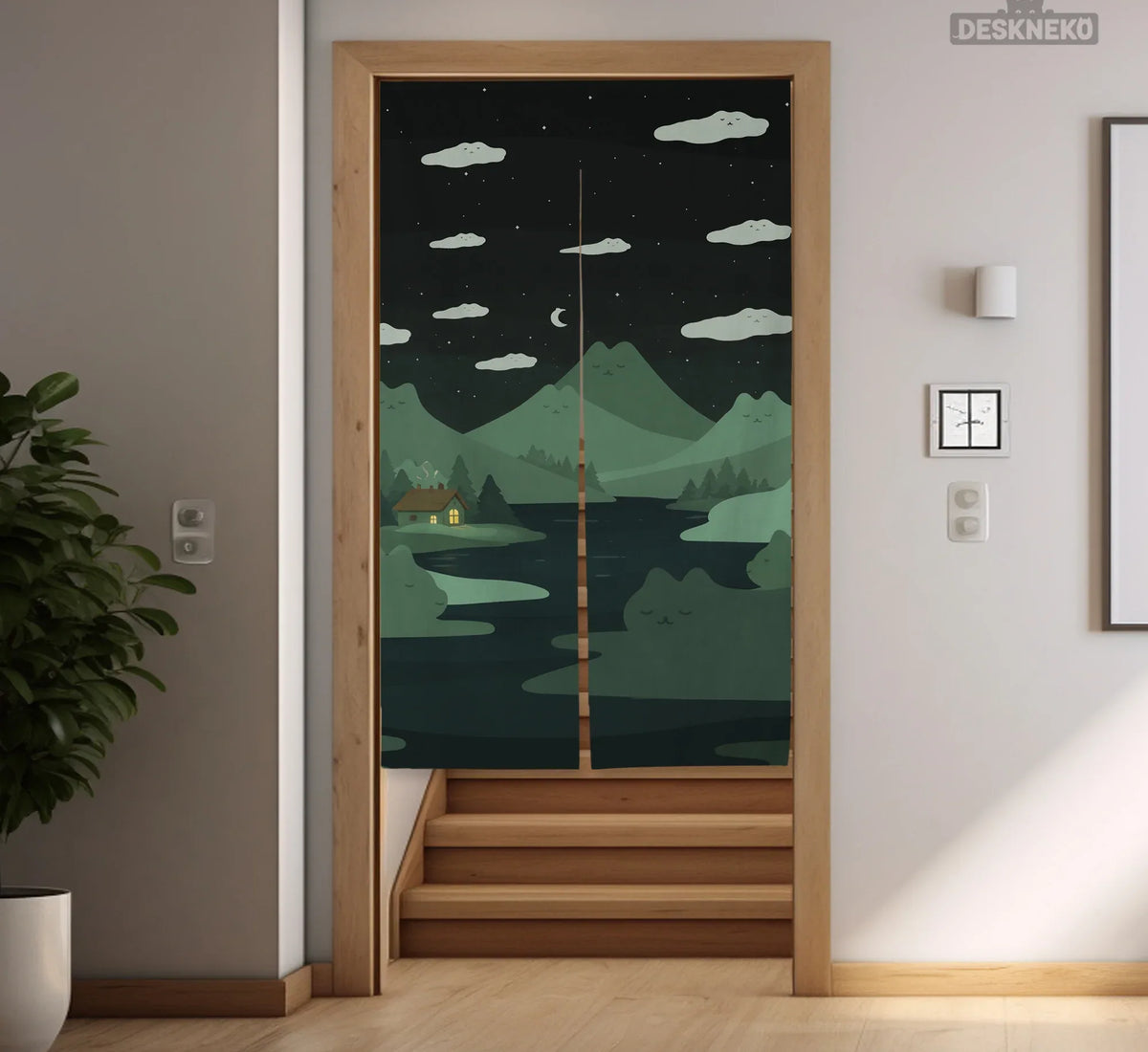 Forest Green Cat Hills Noren Door Curtain - Deskneko