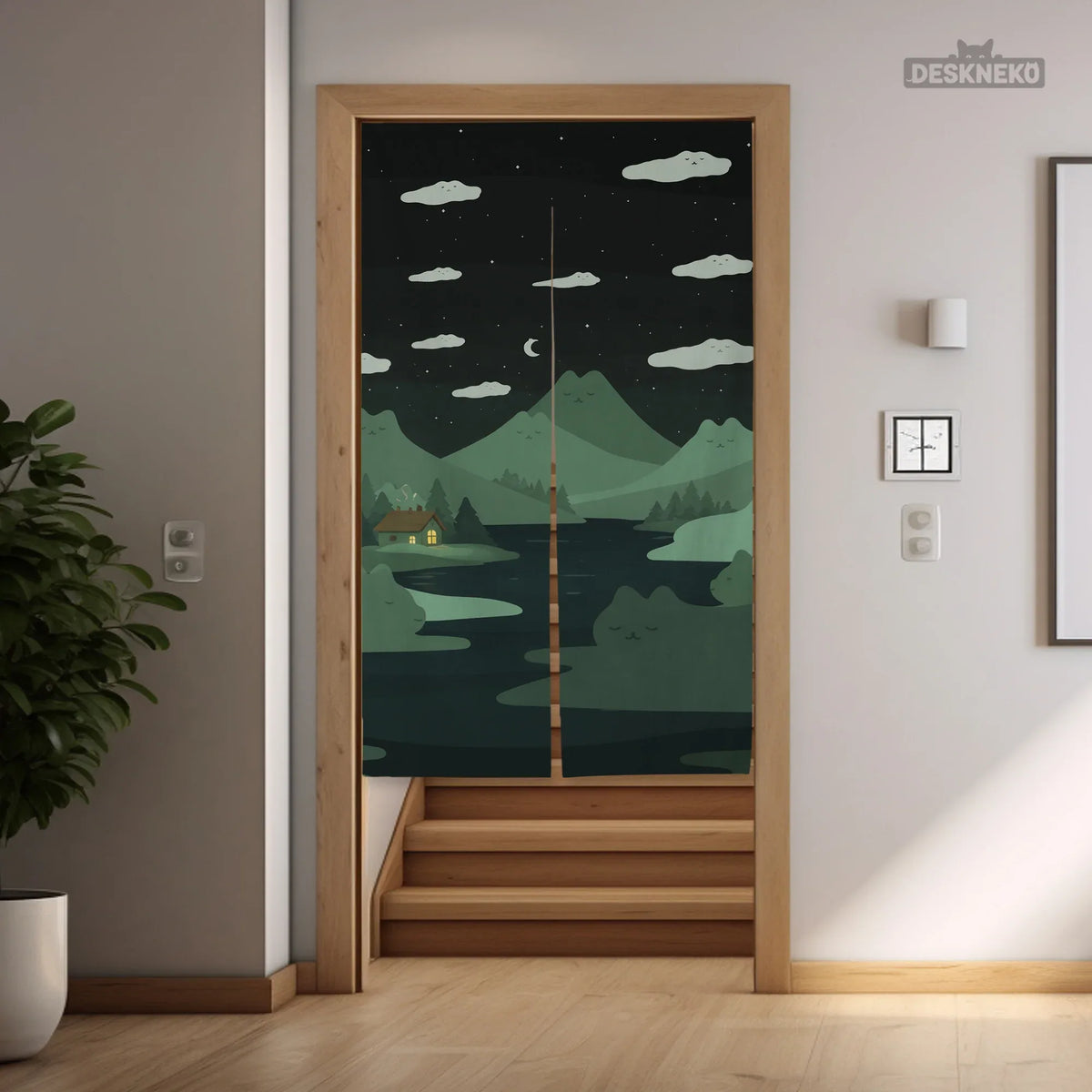 Forest Green Cat Hills Noren Door Curtain - Deskneko