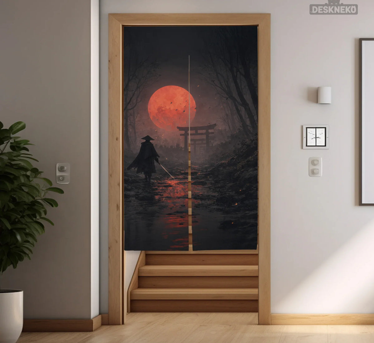 Samurai Red Moon Noren Door Curtain - Deskneko