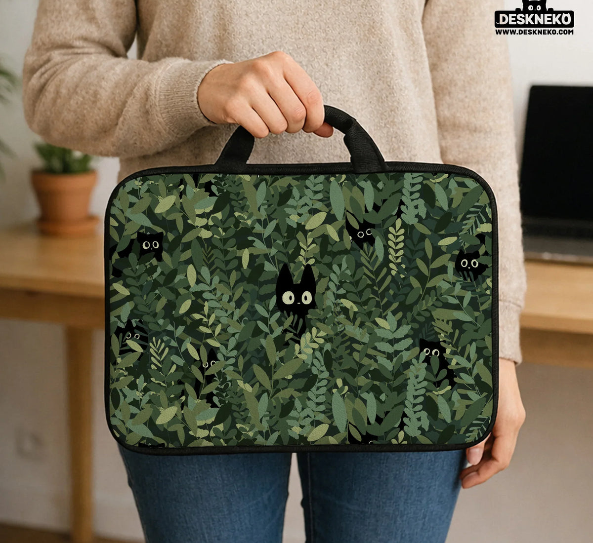 Botanical Cat Laptop Sleeve & Bag, Forest Green Aesthetic Case - Deskneko