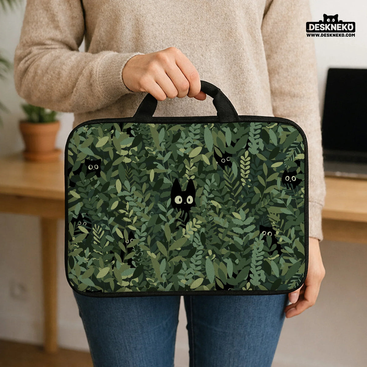 Botanical Cat Laptop Sleeve & Bag, Forest Green Aesthetic Case - Deskneko