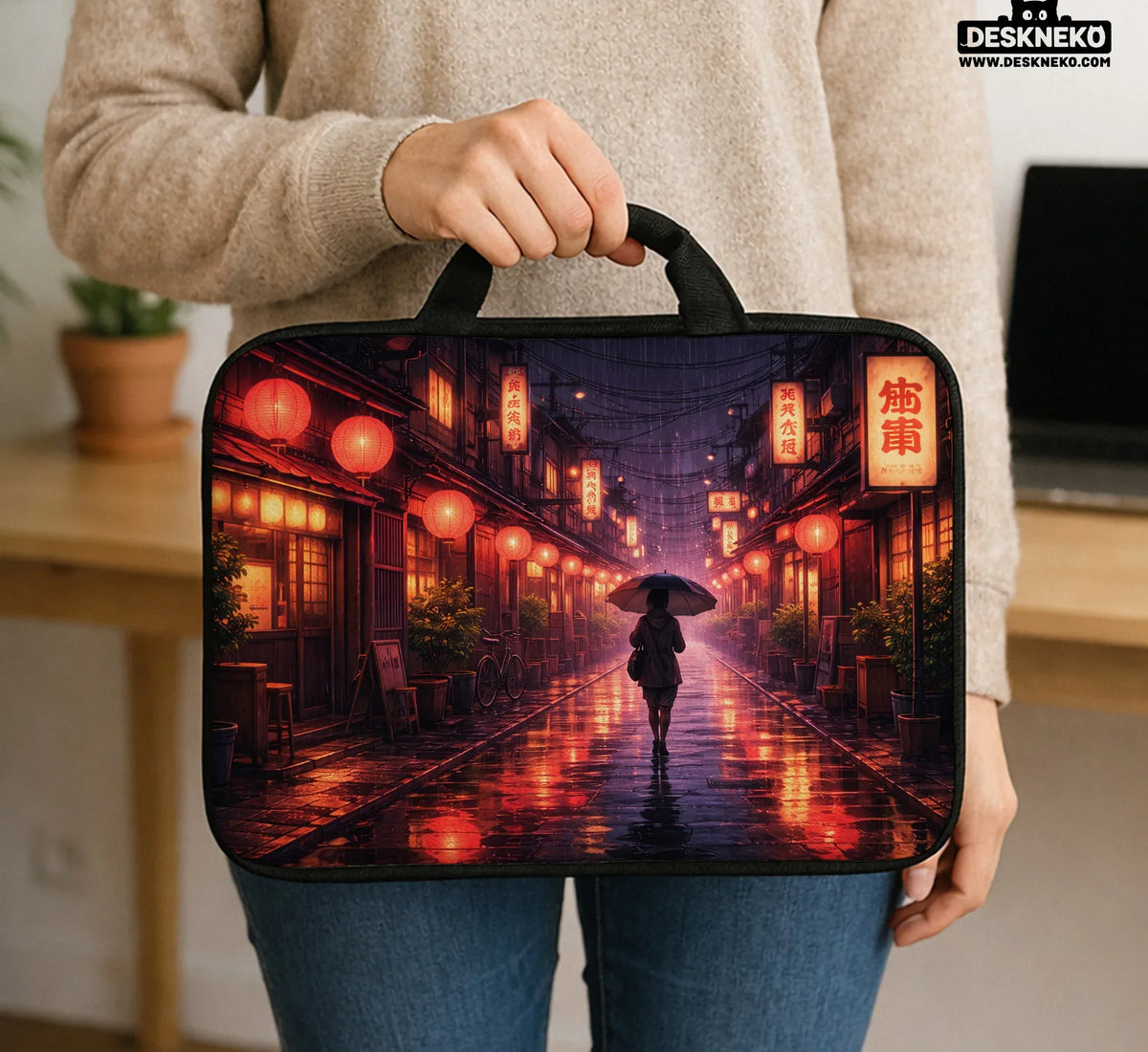 Lofi Anime Laptop Sleeve & Bag Japanese Rainy Street Aesthetic - Deskneko