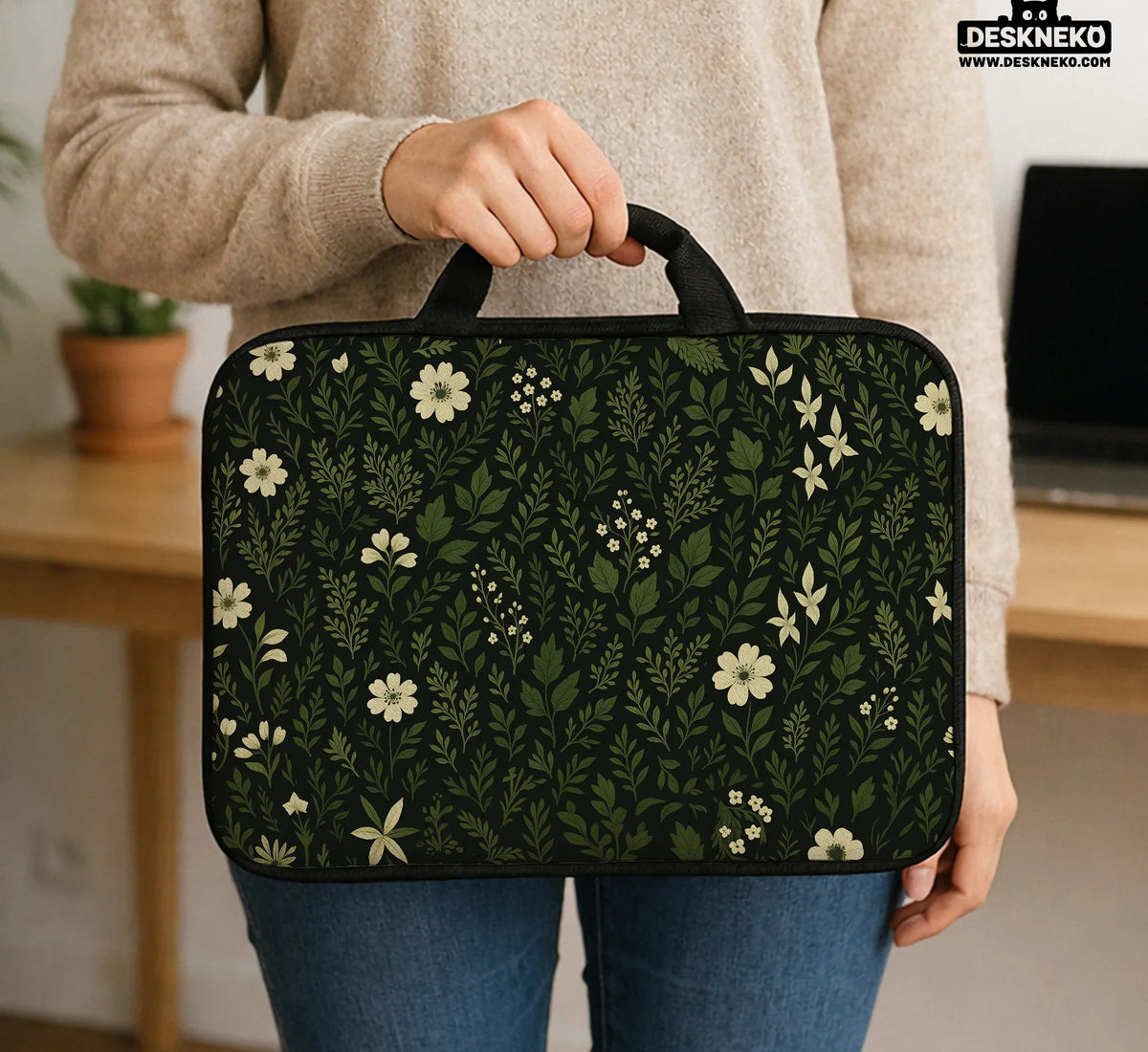 Dark Green Botanical Laptop Sleeve - Deskneko