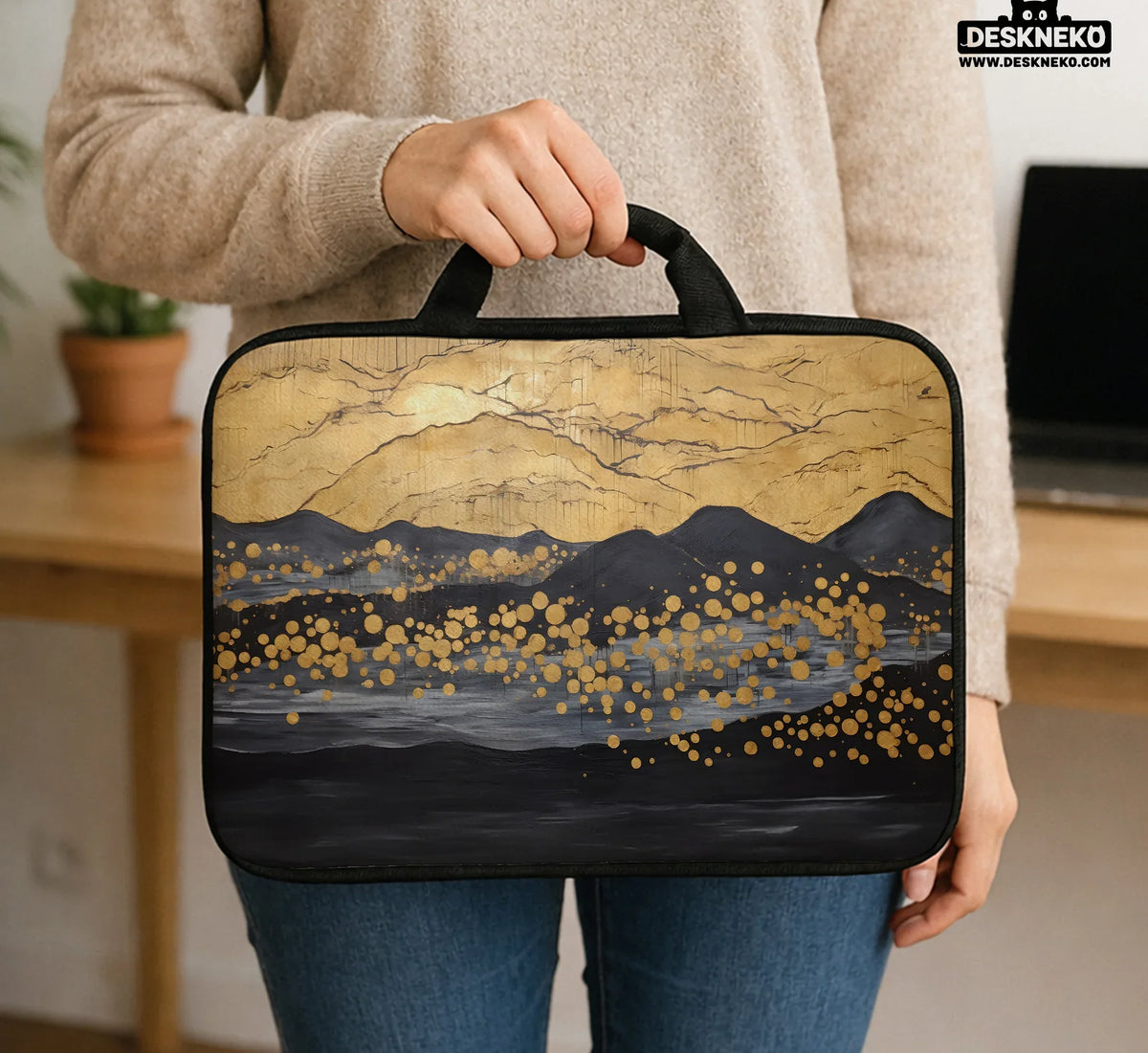 Gold Japandi Laptop Bag with Shoulder Strap - Deskneko