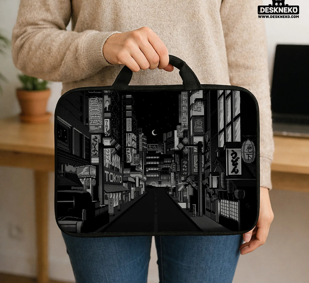 Tokyo Night Pixel Laptop Sleeve & Bag – Monochrome Cyberpunk Case - Deskneko