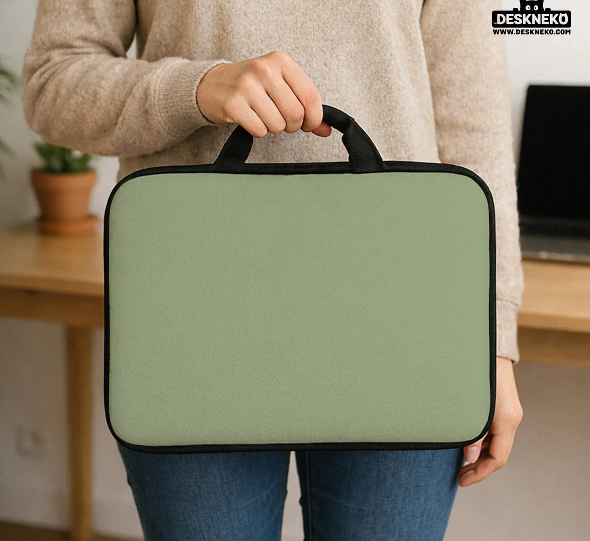 Sage Green Laptop Bag with Shoulder Strap & Handle - Deskneko