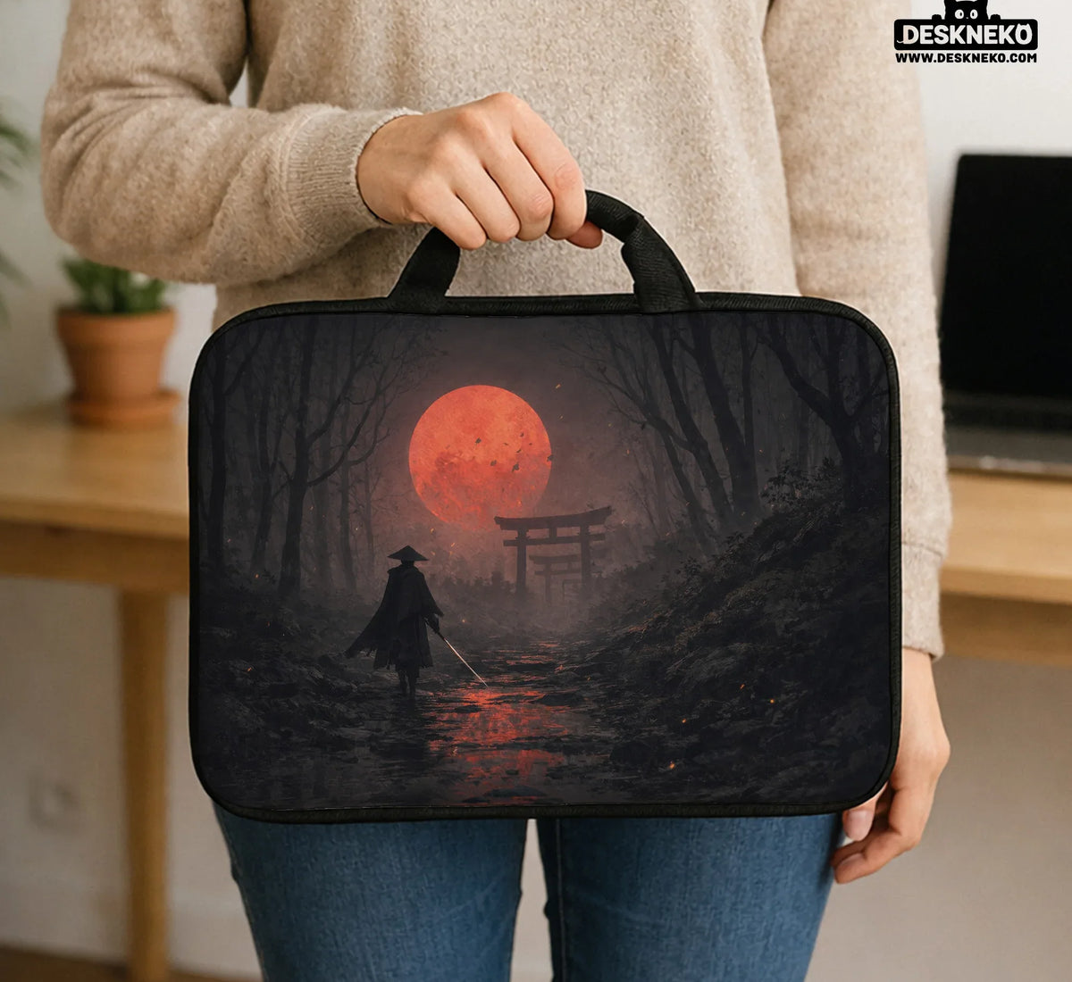 Samurai Red Moon Laptop Sleeve & Bag with Handle and Shoulder Strap - Deskneko