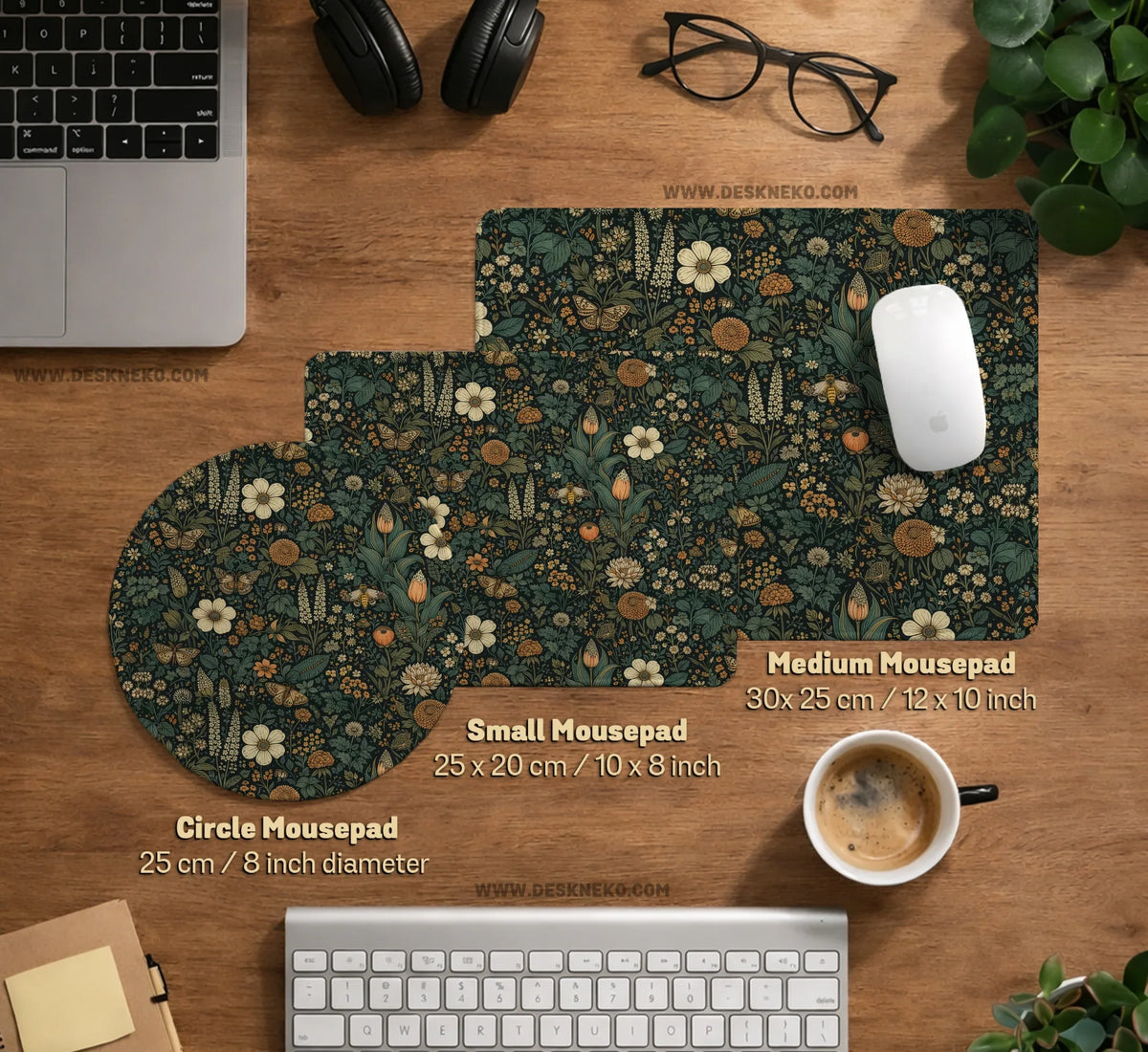 Dark Floral Cottagecore Desk Mat with Botanical Butterflies - Deskneko