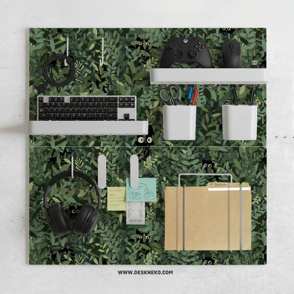 Botanical Cat Desk Pegboard Organizer, Forest Green Workspace Storage - Deskneko