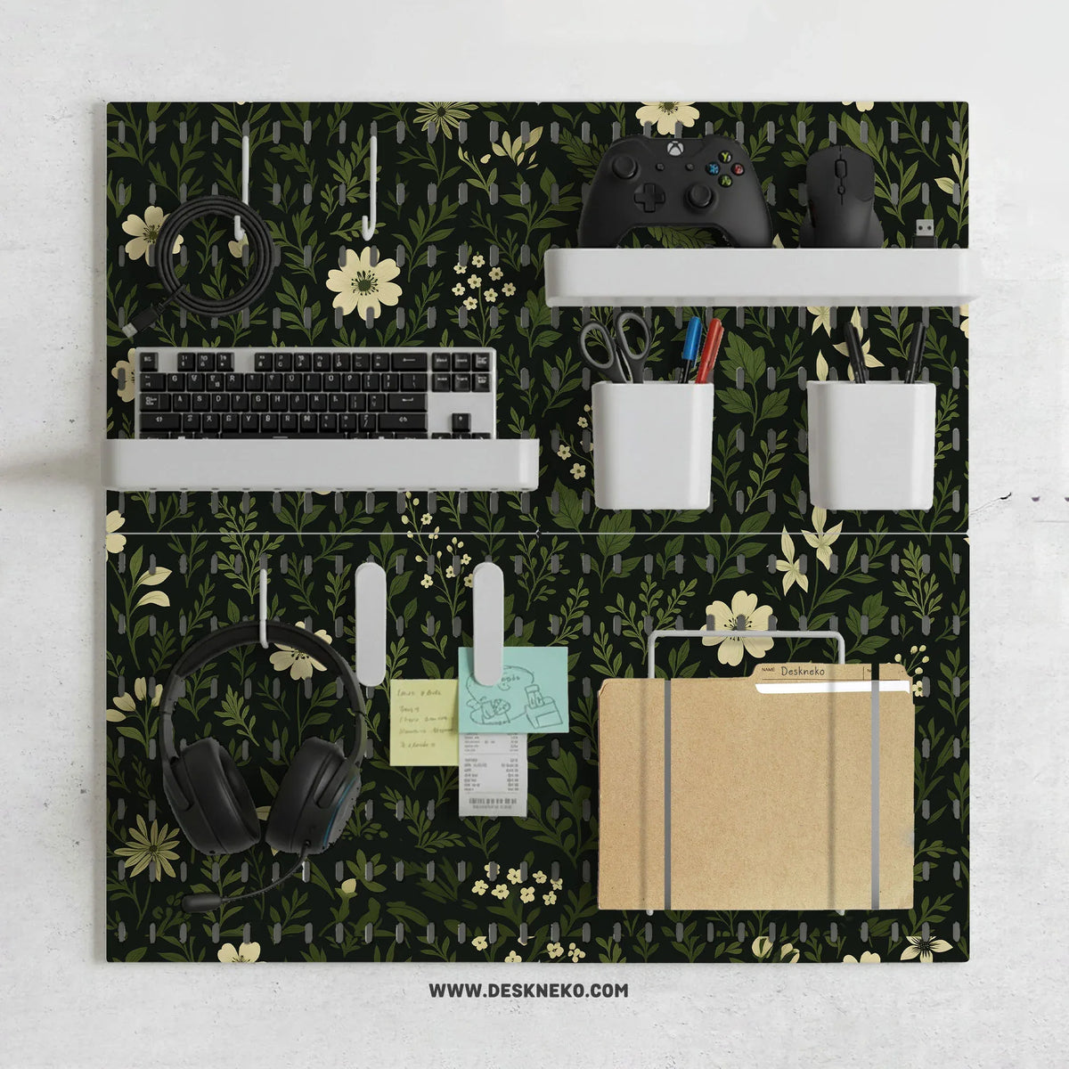 Botanical Pegboard Organizer with Dark Green Floral Pattern - Deskneko