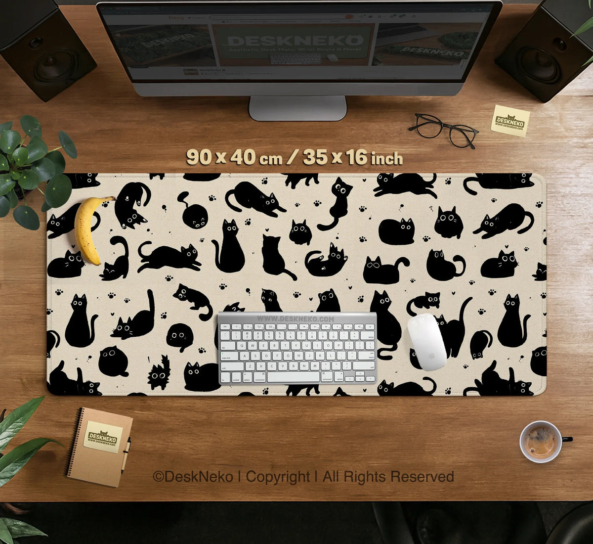Black Cat Desk Mat, Cute XL Mousepad for Cozy Office and Gaming Setup - Deskneko