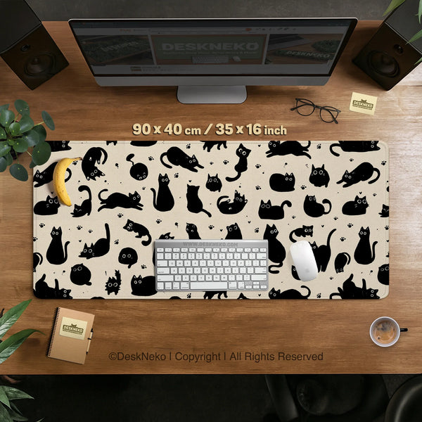 Black Cat Desk Mat, Cute XL Mousepad for Cozy Office and Gaming Setup - Deskneko