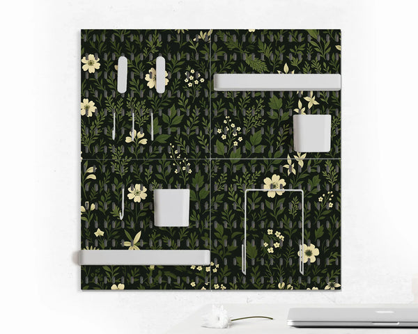 Botanical Pegboard Organizer with Dark Green Floral Pattern - Deskneko