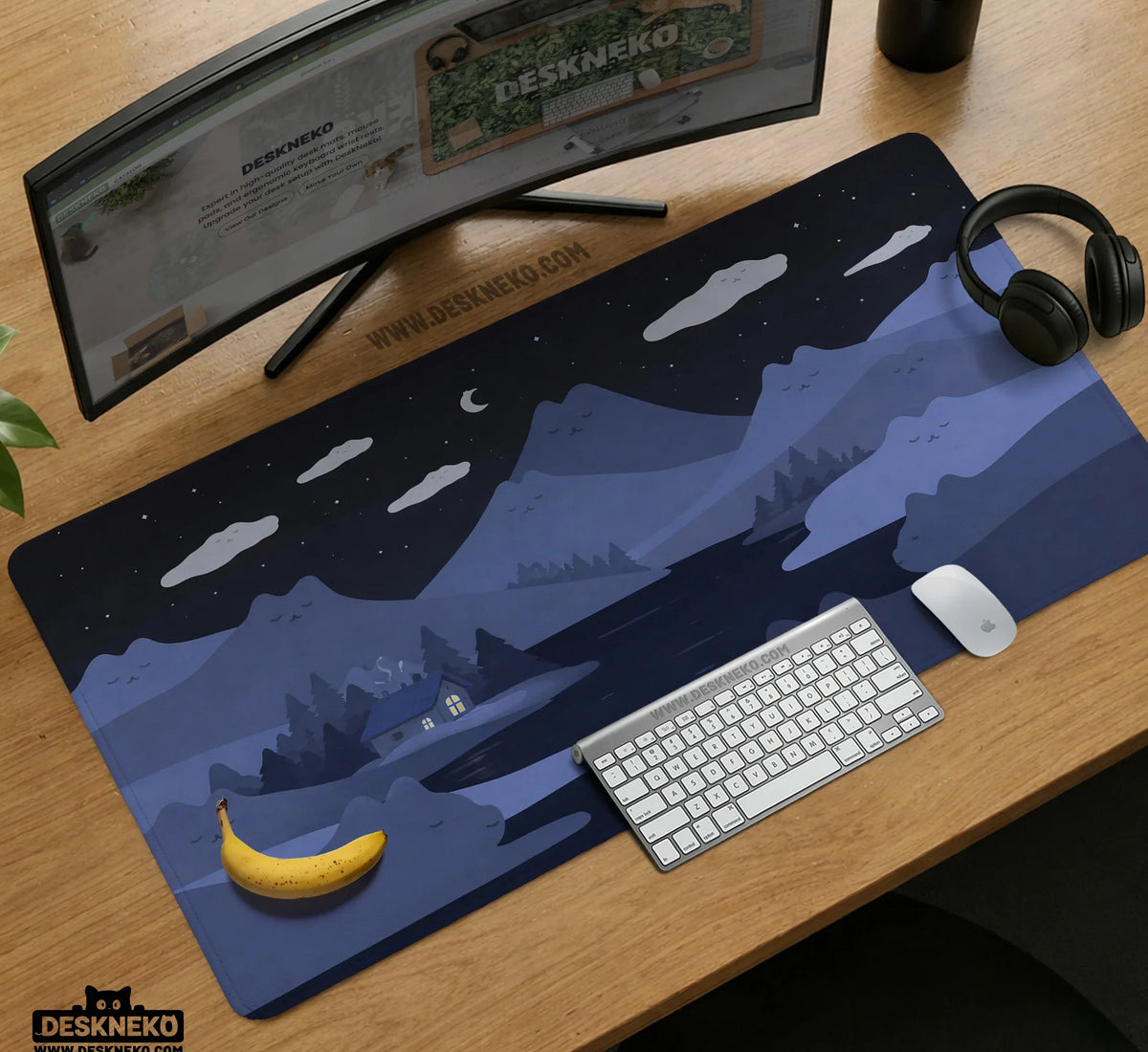 Navy Blue Cat Hills Desk Mat XXL Extended Mousepad - Deskneko