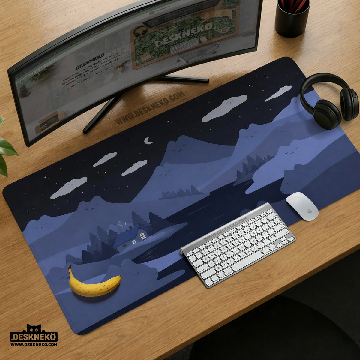 Navy Blue Cat Hills Desk Mat XXL Extended Mousepad - Deskneko