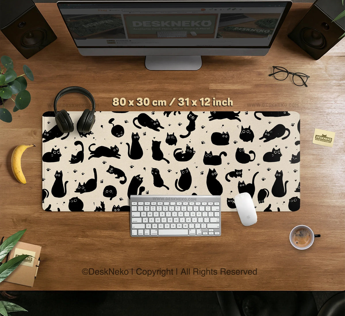 Black Cat Desk Mat, Cute XL Mousepad for Cozy Office and Gaming Setup - Deskneko