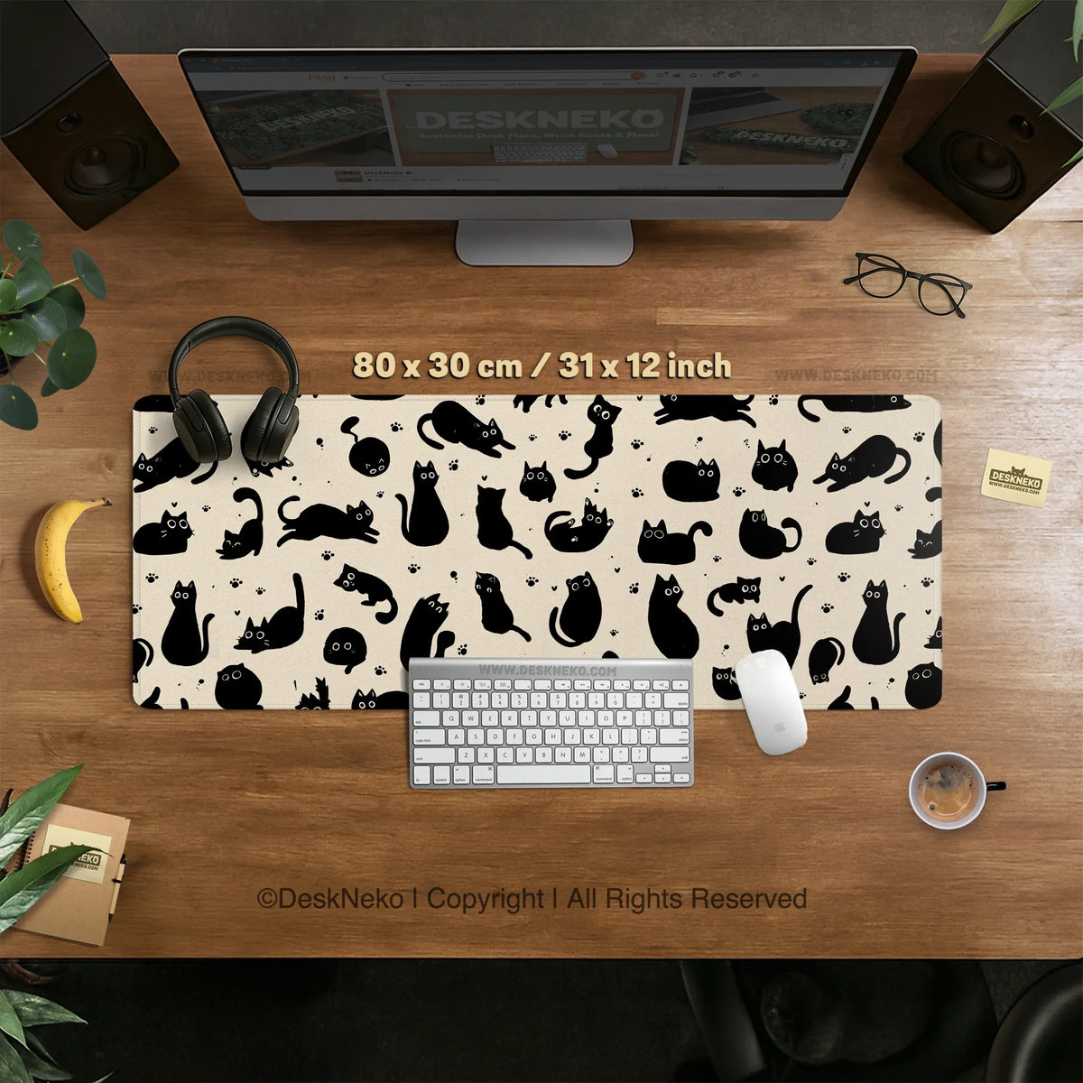 Black Cat Desk Mat, Cute XL Mousepad for Cozy Office and Gaming Setup - Deskneko