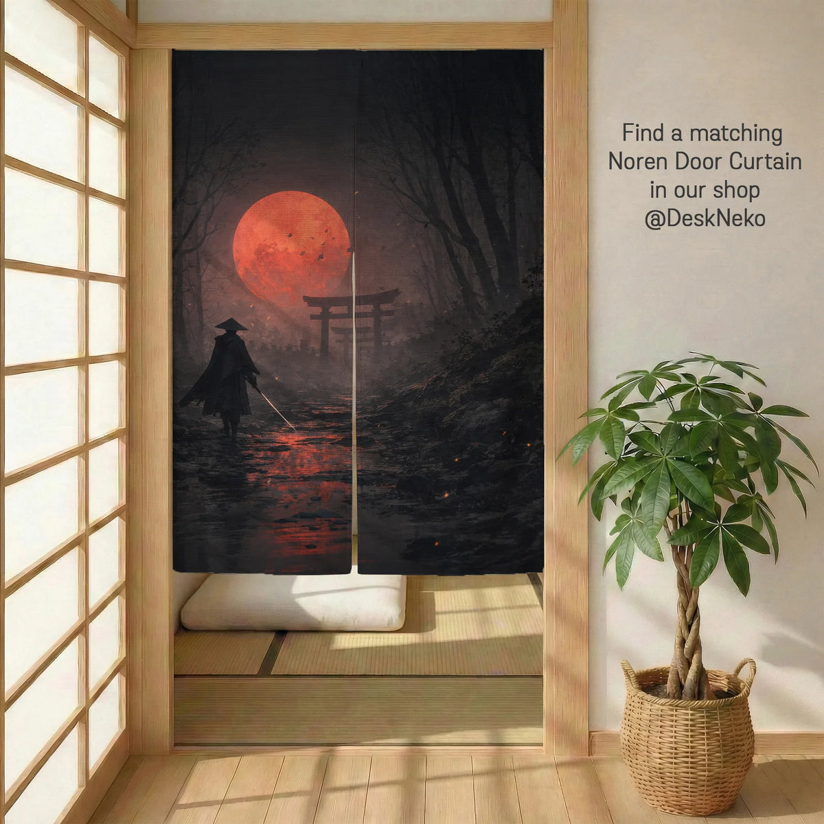 Samurai Red Moon Wall Tapestry Decor - Deskneko