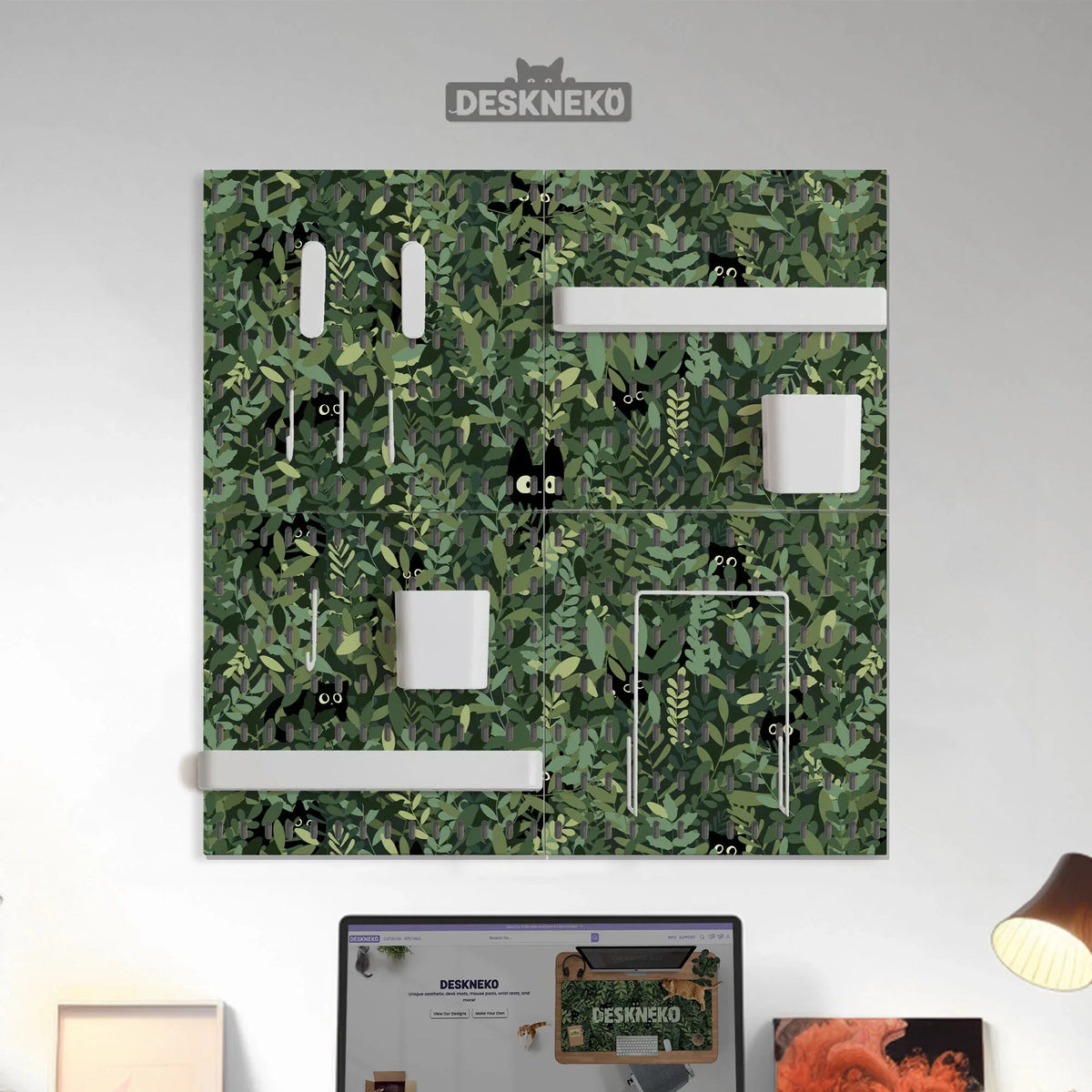 Botanical Cat Desk Pegboard Organizer, Forest Green Workspace Storage - Deskneko