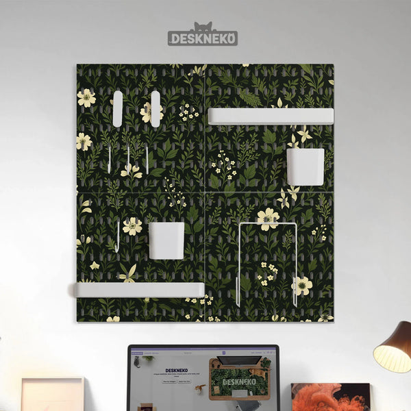 Botanical Pegboard Organizer with Dark Green Floral Pattern - Deskneko