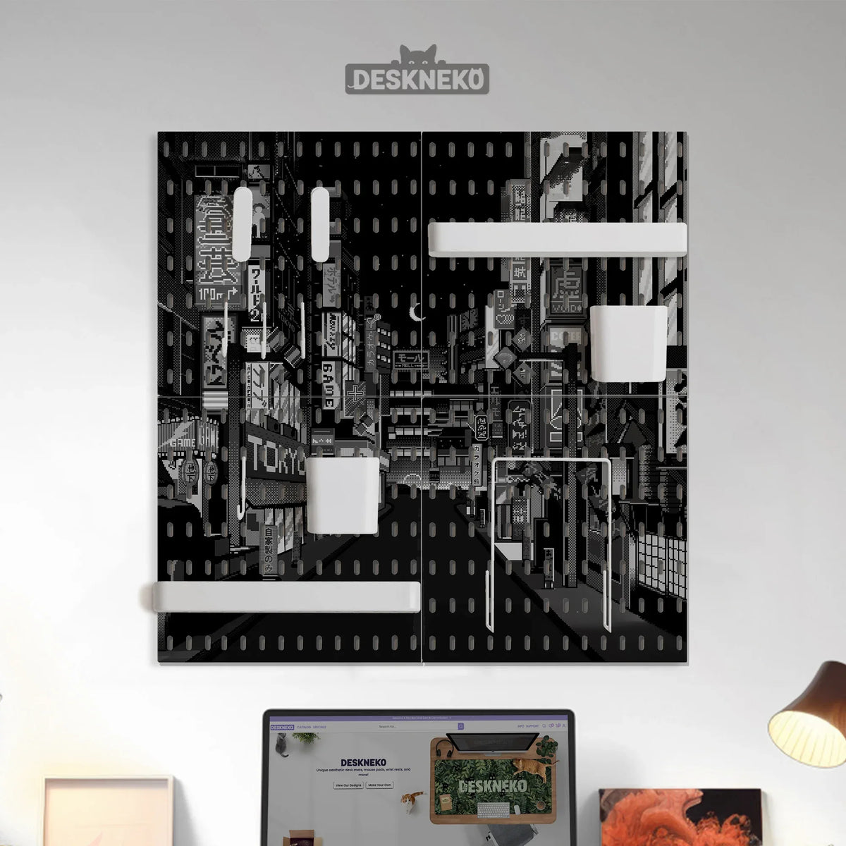 Tokyo Night Pixel Pegboard Organizer, Cyberpunk Wall Storage - Deskneko