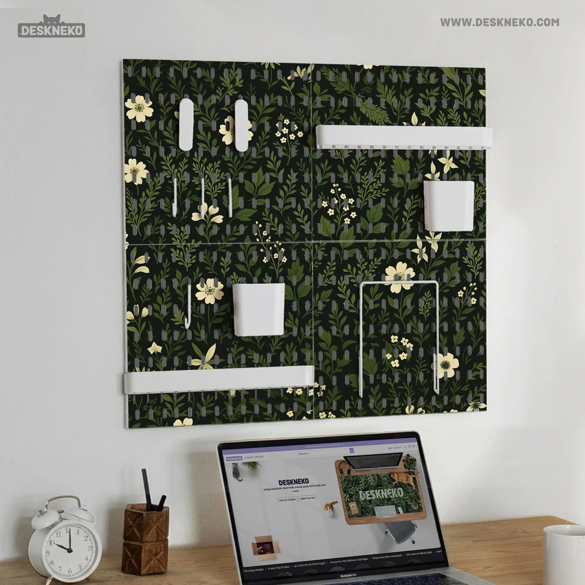 Botanical Pegboard Organizer with Dark Green Floral Pattern - Deskneko