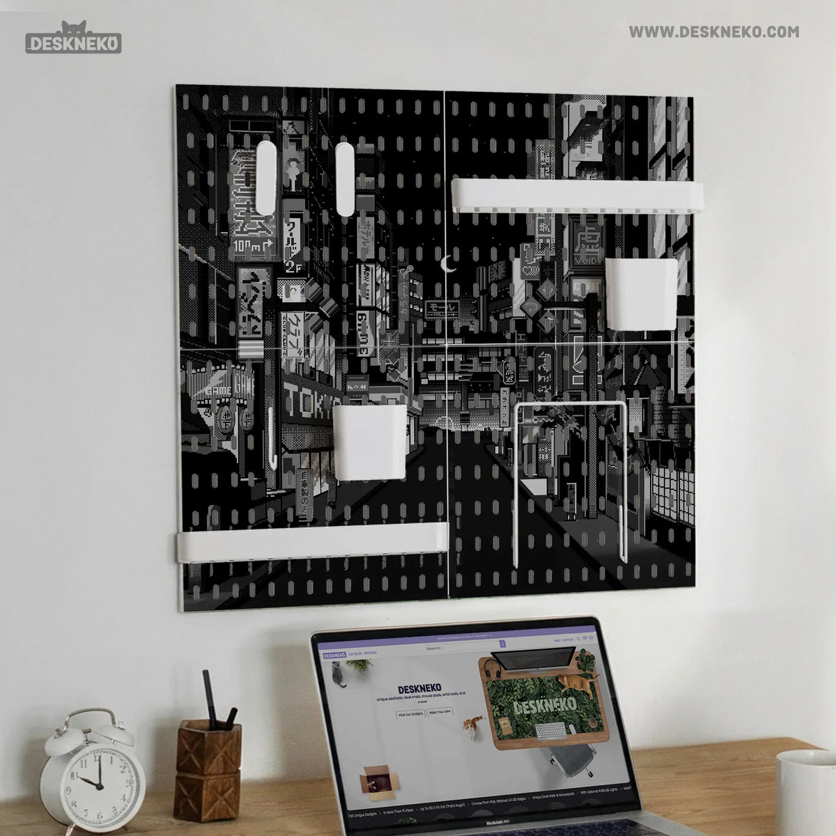 Tokyo Night Pixel Pegboard Organizer, Cyberpunk Wall Storage - Deskneko