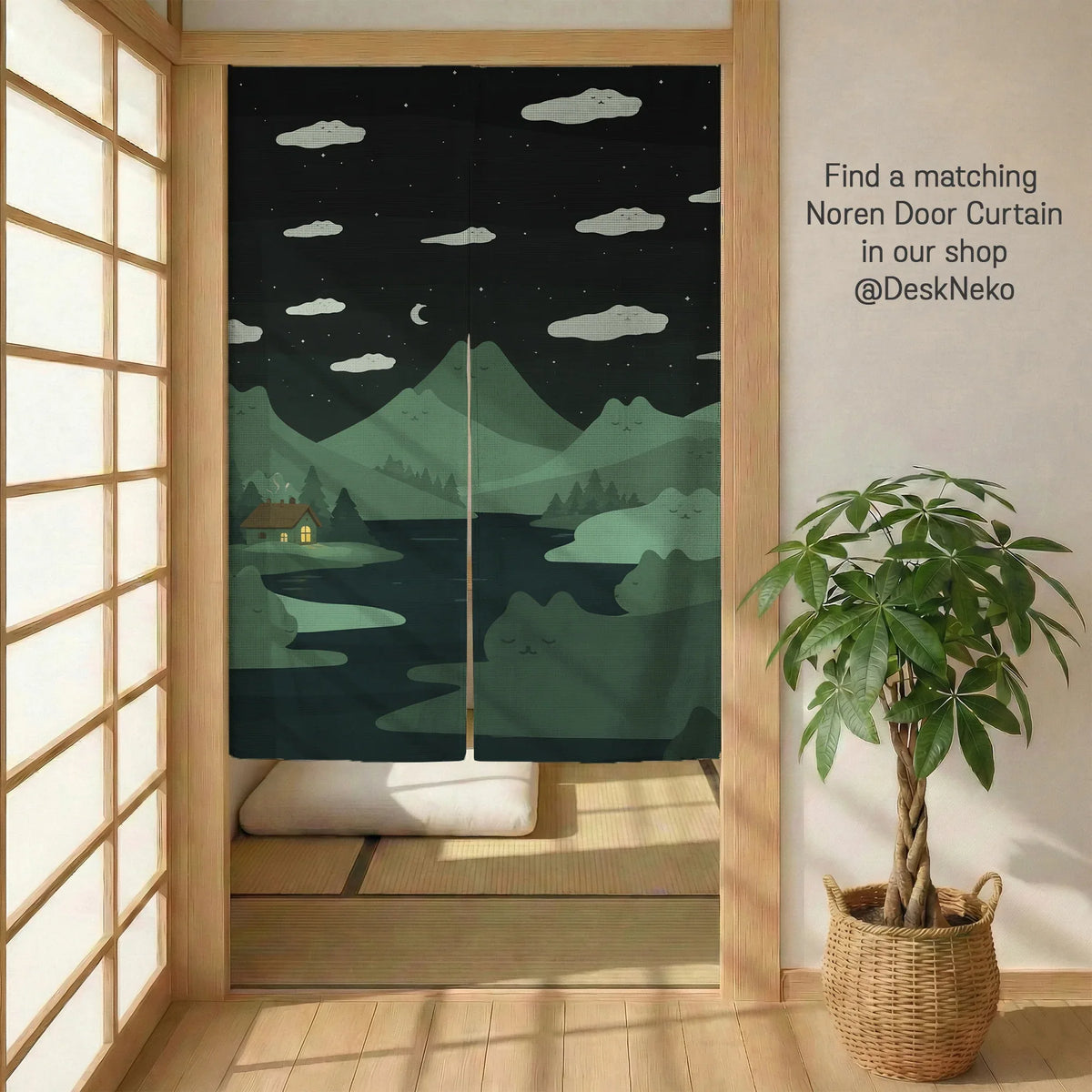 Green Cat Hills Wall Tapestry Cozy Night Landscape - Deskneko