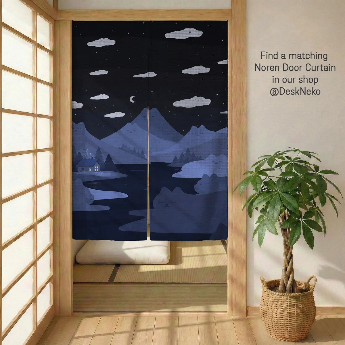 Navy Cat Hills Wall Tapestry Cozy Night Landscape - Deskneko