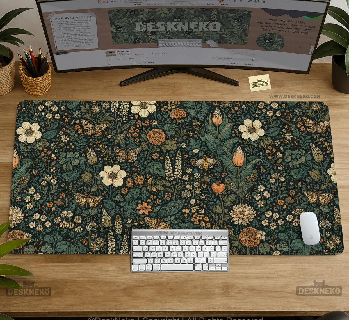 Dark Floral Cottagecore Desk Mat with Botanical Butterflies - Deskneko