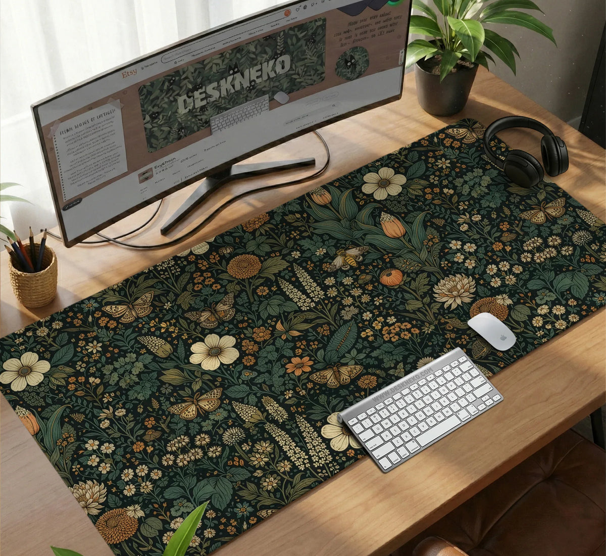 Dark Floral Cottagecore Desk Mat with Botanical Butterflies - Deskneko