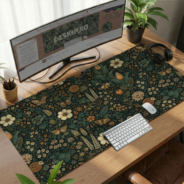 Dark Floral Cottagecore Desk Mat with Botanical Butterflies - Deskneko