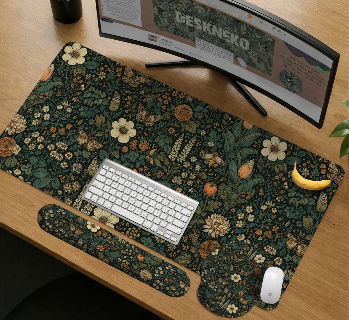 Dark Floral Cottagecore Desk Mat with Botanical Butterflies - Deskneko