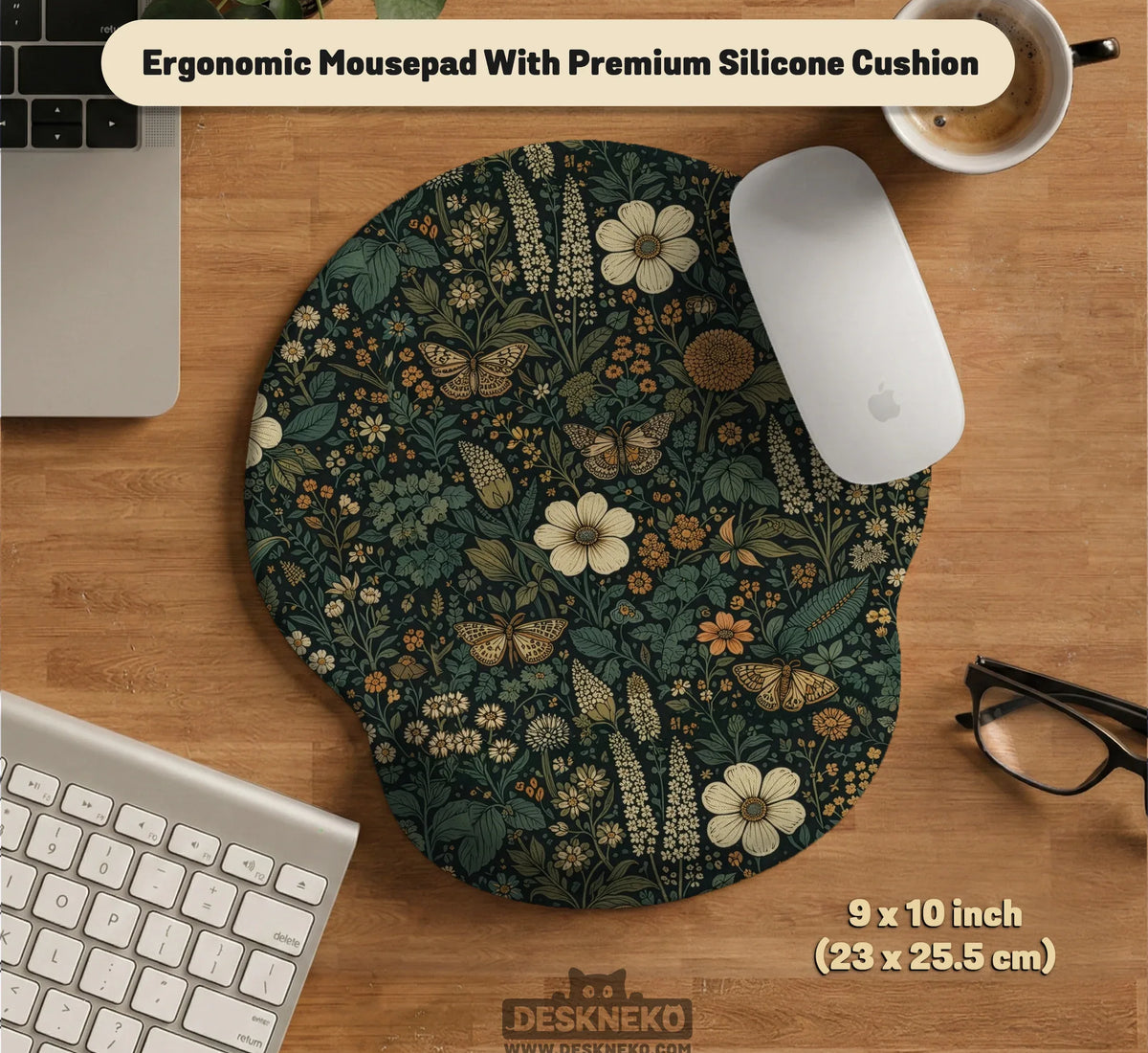 Dark Floral Cottagecore Desk Mat with Botanical Butterflies - Deskneko