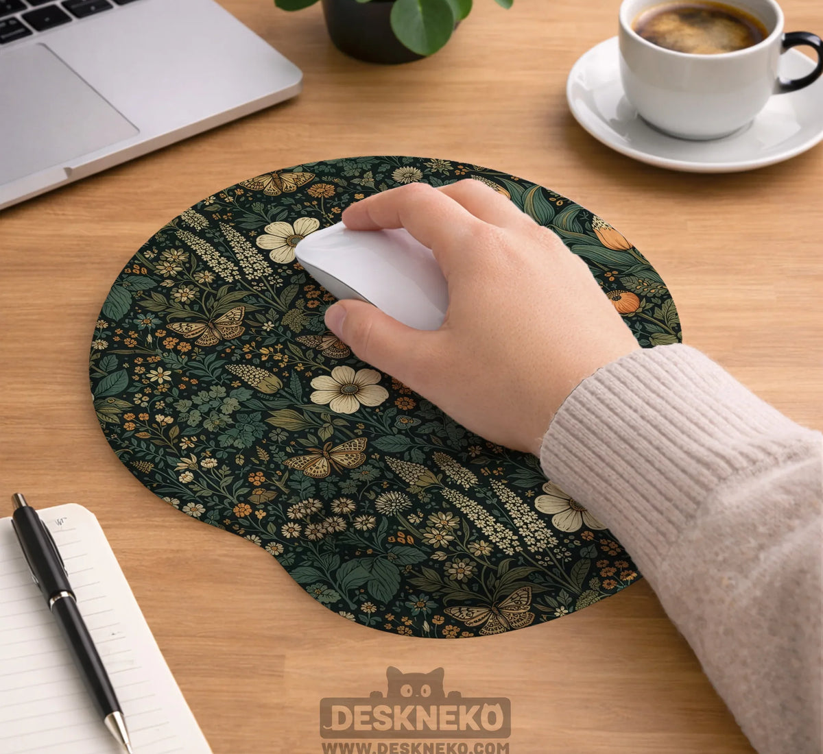 Dark Floral Cottagecore Desk Mat with Botanical Butterflies - Deskneko
