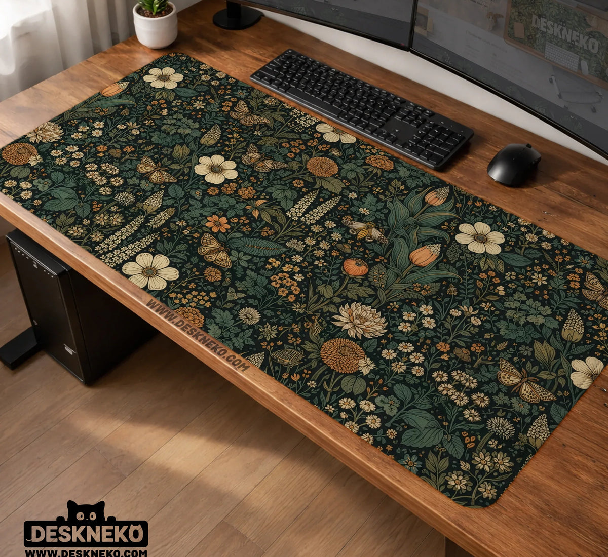 Dark Floral Cottagecore Desk Mat with Botanical Butterflies - Deskneko