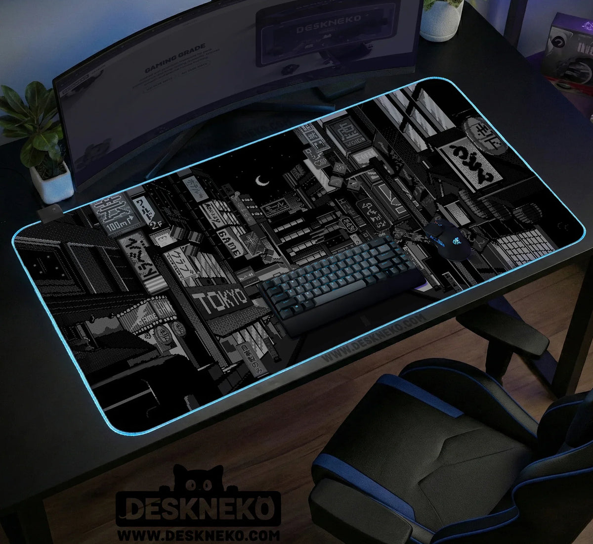 Black White Tokyo Night Desk Mat, Cyberpunk Japanese Street Mousepad - Deskneko