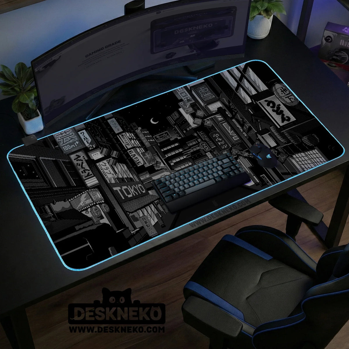 Black White Tokyo Night Desk Mat, Cyberpunk Japanese Street Mousepad - Deskneko