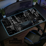 Black White Tokyo Night Desk Mat, Cyberpunk Japanese Street Mousepad - Deskneko
