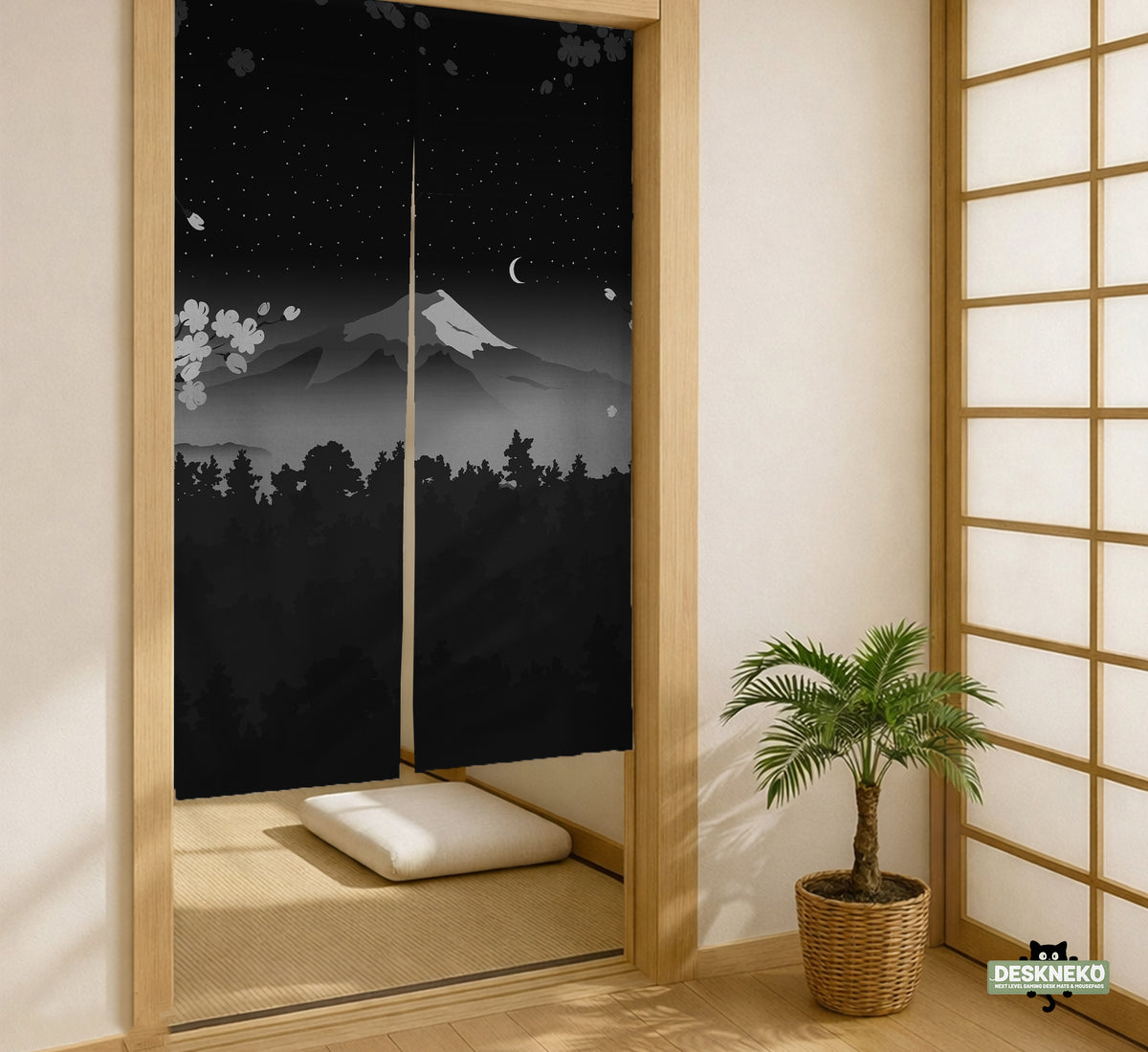 Black Mount Fuji Noren Curtain - Noren Door Curtain - Deskneko - Noren Door Curtains