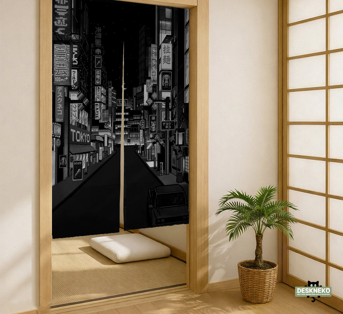 Black Tokyo Street Noren Curtain - Noren Door Curtain - Deskneko - Noren Door Curtains