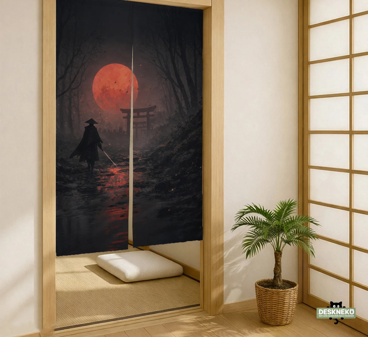 Samurai Red Moon Noren Door Curtain - Deskneko