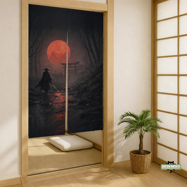 Samurai Red Moon Noren Door Curtain - Deskneko