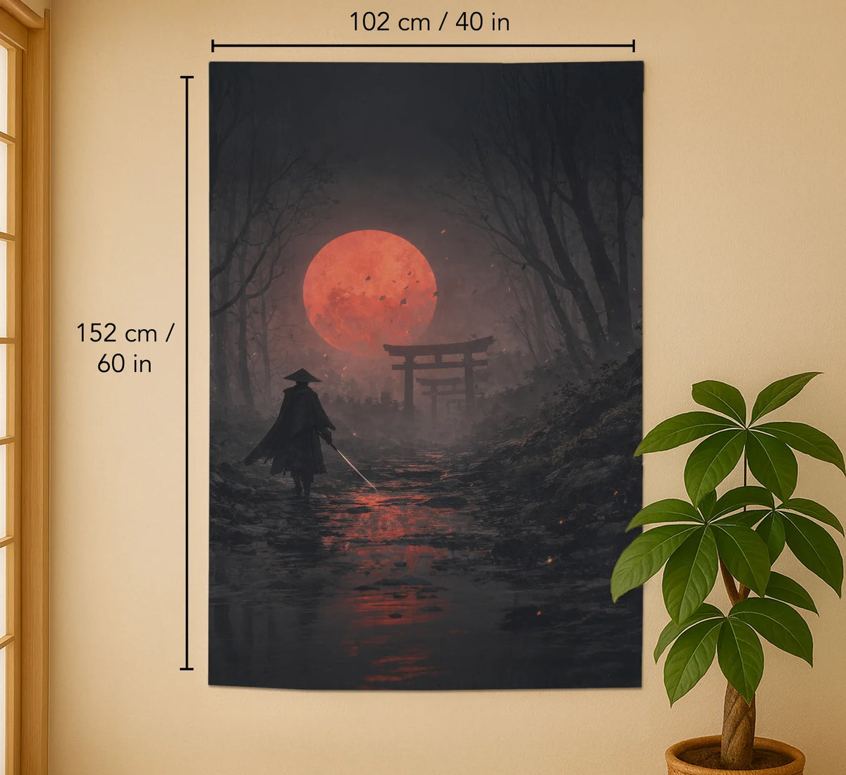 Samurai Red Moon Noren Door Curtain - Deskneko