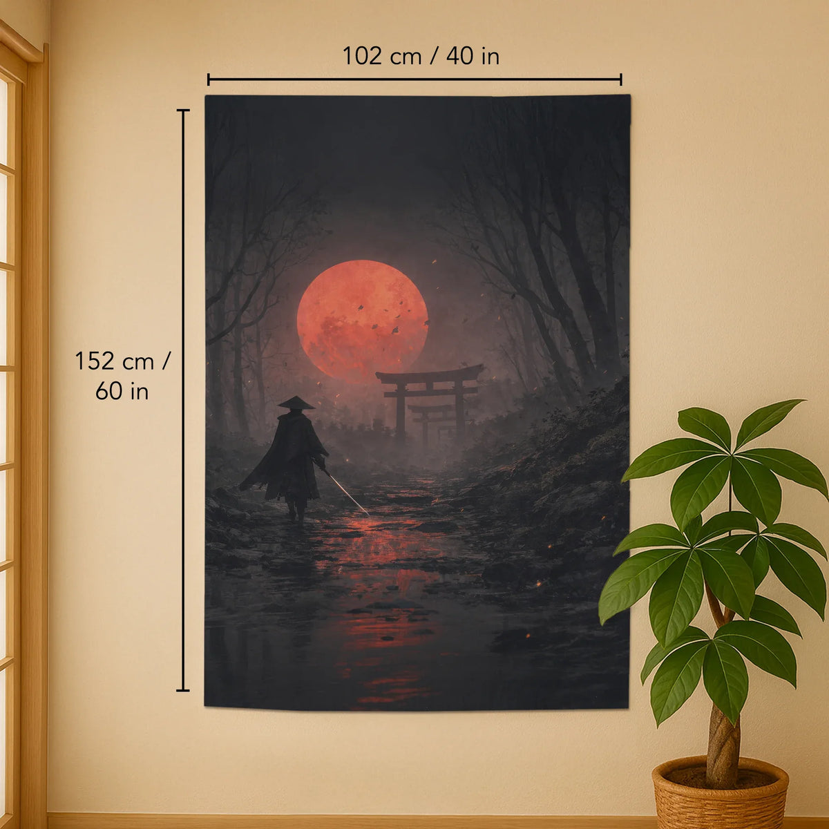 Samurai Red Moon Noren Door Curtain - Deskneko