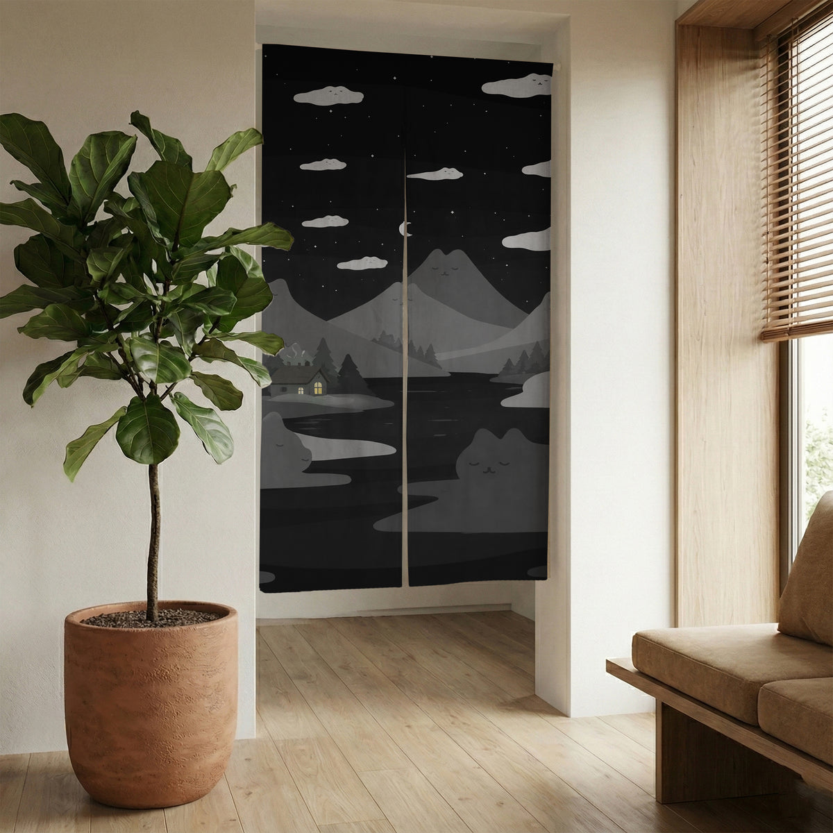 Cute Cat Mountains Noren Curtain - Noren Door Curtain - Deskneko - Noren Door Curtains